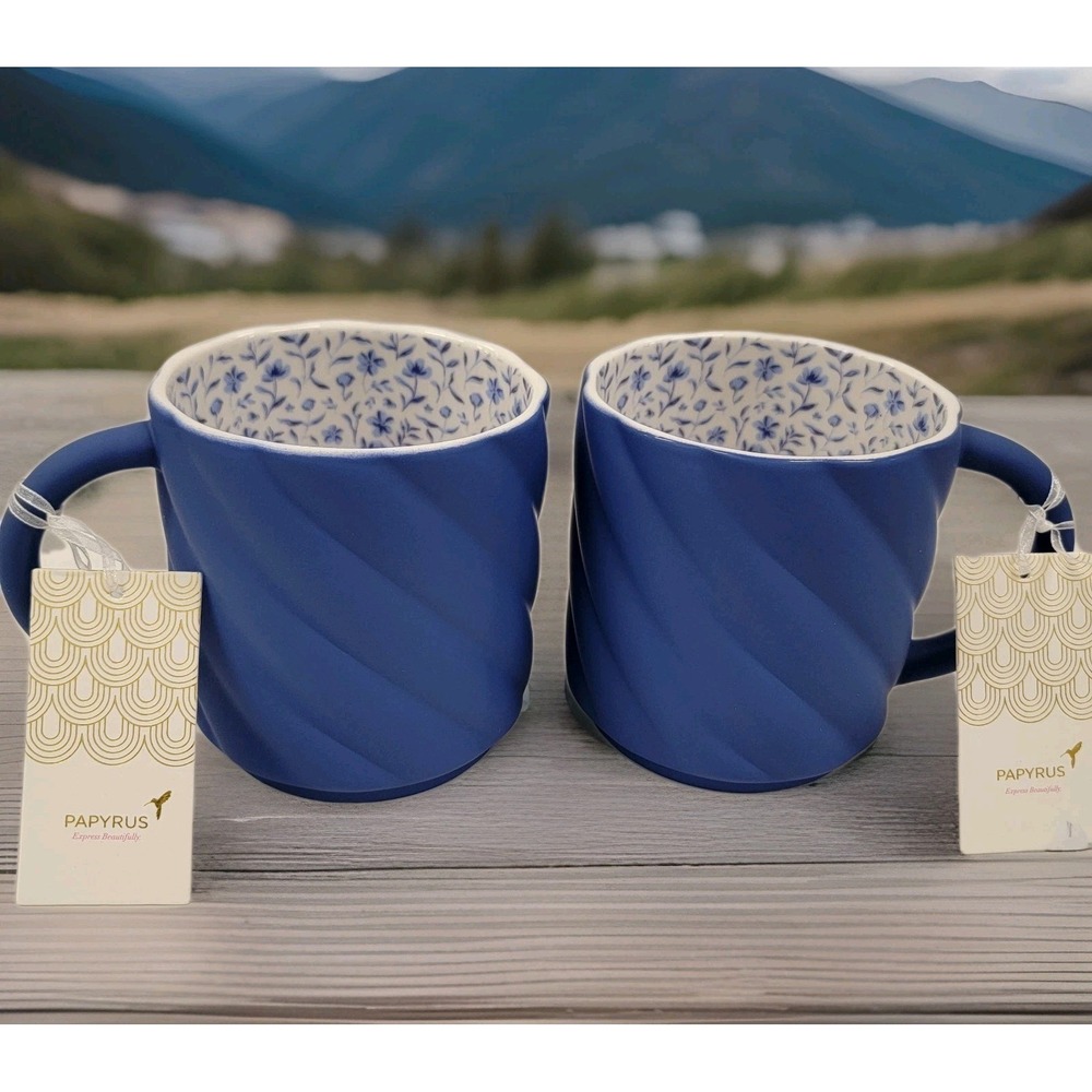 NWT PAPYRUS Mugs Set‎ Of 2 Spiral Ribbed BLUE Soft Touch Florals Interior